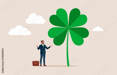 Lucky businessman near holding lucky clover leaf. Luck for success, blessing for work opportunity, chance, happiness. Flat vector illustration. 