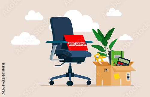 Dismissed. Fired from job. Business chair with box with office things. Flat style vector illustration.