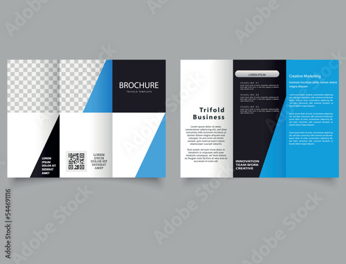 Blue black trifold brochure with triangles. Advertising leaflet.