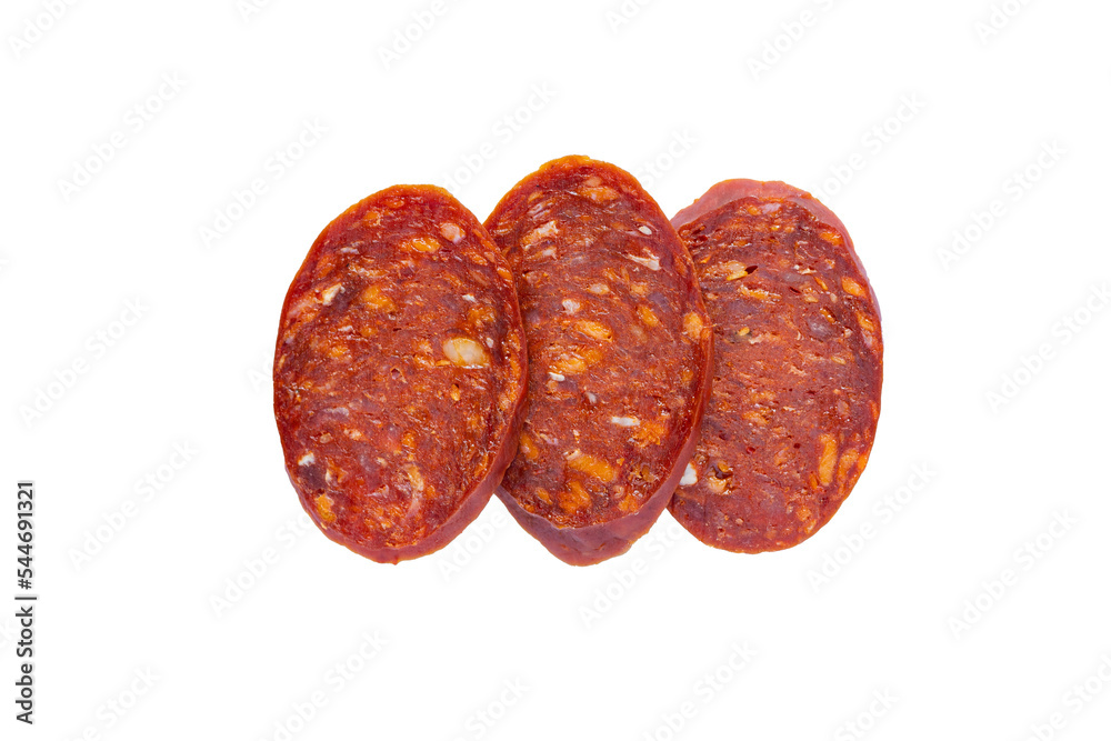 Fototapeta premium Salami sausage slices isolated on white background.