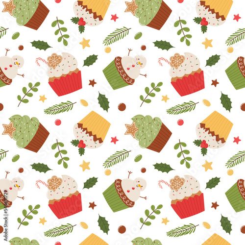 Christmas cupcakes seamless pattern. Seamless pattern in a flat cartoon style on a white background.