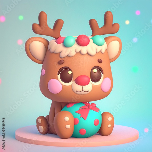 Cute Reindeer Kawaii Christmas, Squishy Christmas Character, Cute pastel colors, Plush toy Reindeer , 3D render illustration