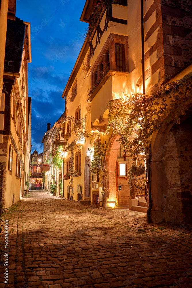 Night view of a street in the village of Riquewihr in the area of Alsace, France.