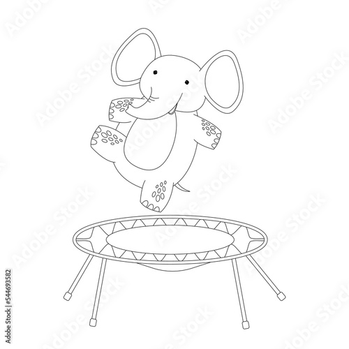 vector illustration of a cute cartoon elephant jumping on a trampoline coloring book