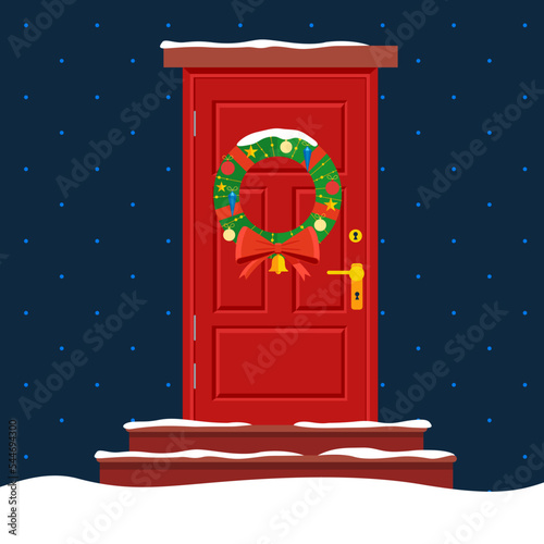 Christmas door with wreath, snow and fir. Flat cartoon style vector illustration.