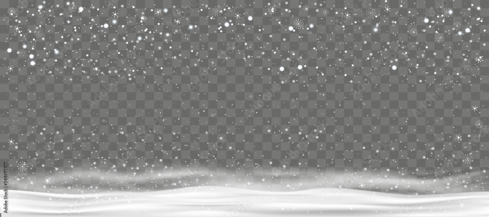 Winter background with snow falling on transparent background, Vector  Christmas banner with snowflakes in different shapes on snowdrifts.Holiday backdrop for Merry Christmas and Happy New Year 2023 - obrazy, fototapety, plakaty 