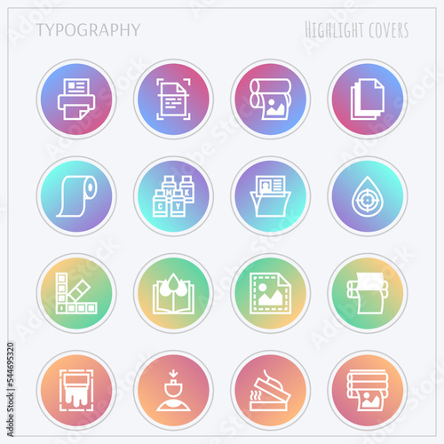 Typography, polygraphy thin line icons set. Printing, scanning, flexography, offset, roll paper, color palette, lamination, embossing. Highlights for stories. Vector illustration.