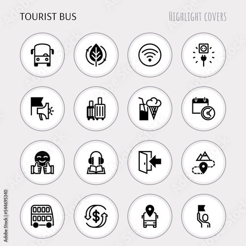 Tourist bus thin line icons set: free wi-fi, schedule, emergency exit, tourist route, departure point, socket, audio guide, luggage, refund. Highlights for stories. Vector illustration.