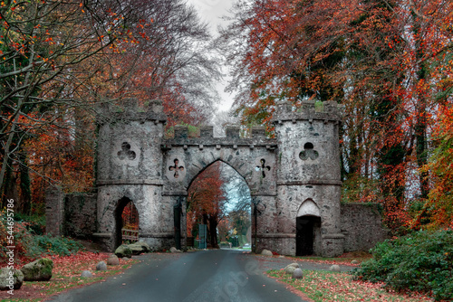 Castle towers at the entrance of Tollymore forest park  in autumn. Newcastle  County Down  Northern Ireland.