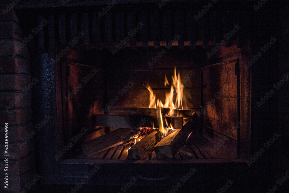 cosy winter fireplace, fire flame