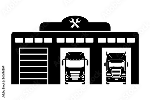 Car service for trucks icon. Car wash. Vehicle washing and repair. Black silhouette. Front view. Vector simple flat graphic illustration. Isolated object on a white background. Isolate.