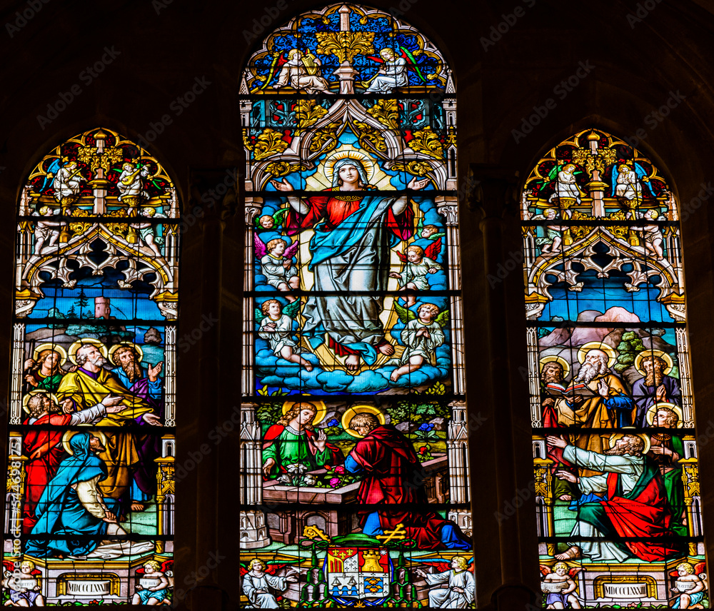 Stained glass of the cathedral of Santa María of Burgos, Castilla y León, Spain.