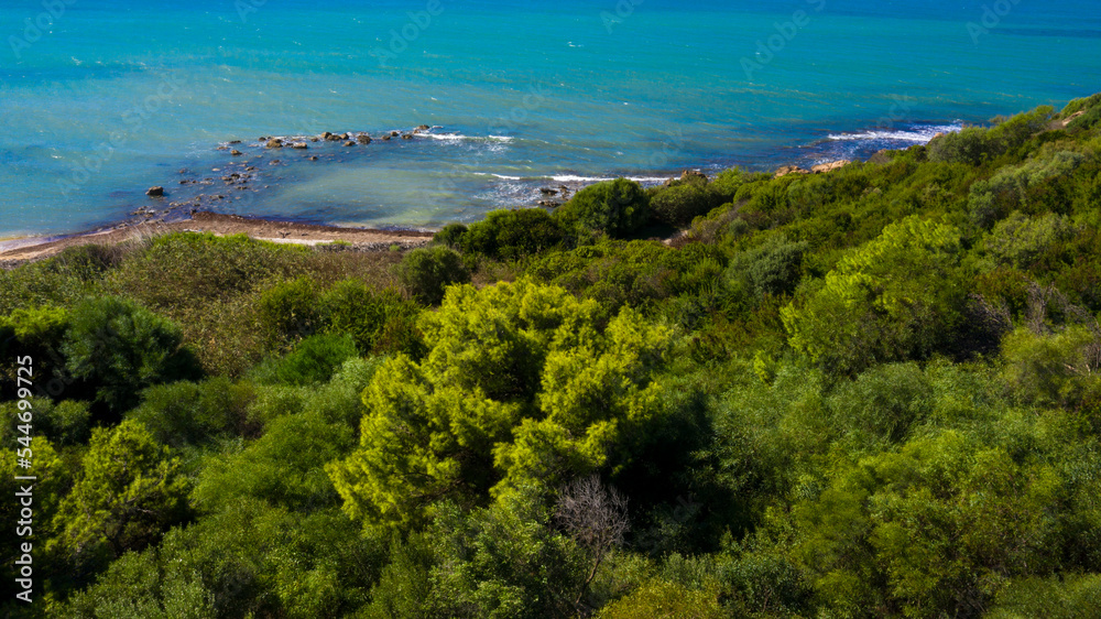 Aerial view of the blue waters of the Mediterranean Sea and specifically of the Tyrrhenian Sea. Sunlight is reflected on the surface of the water. A forest is on foreground.