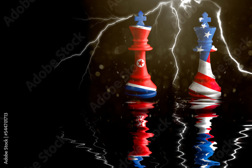 north korea and us flags paint over on chess king. 3D illustration north korea vs us crisis. photo