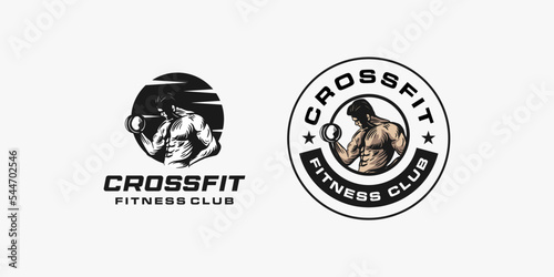 Muscle man bodybuilder holding a barbell