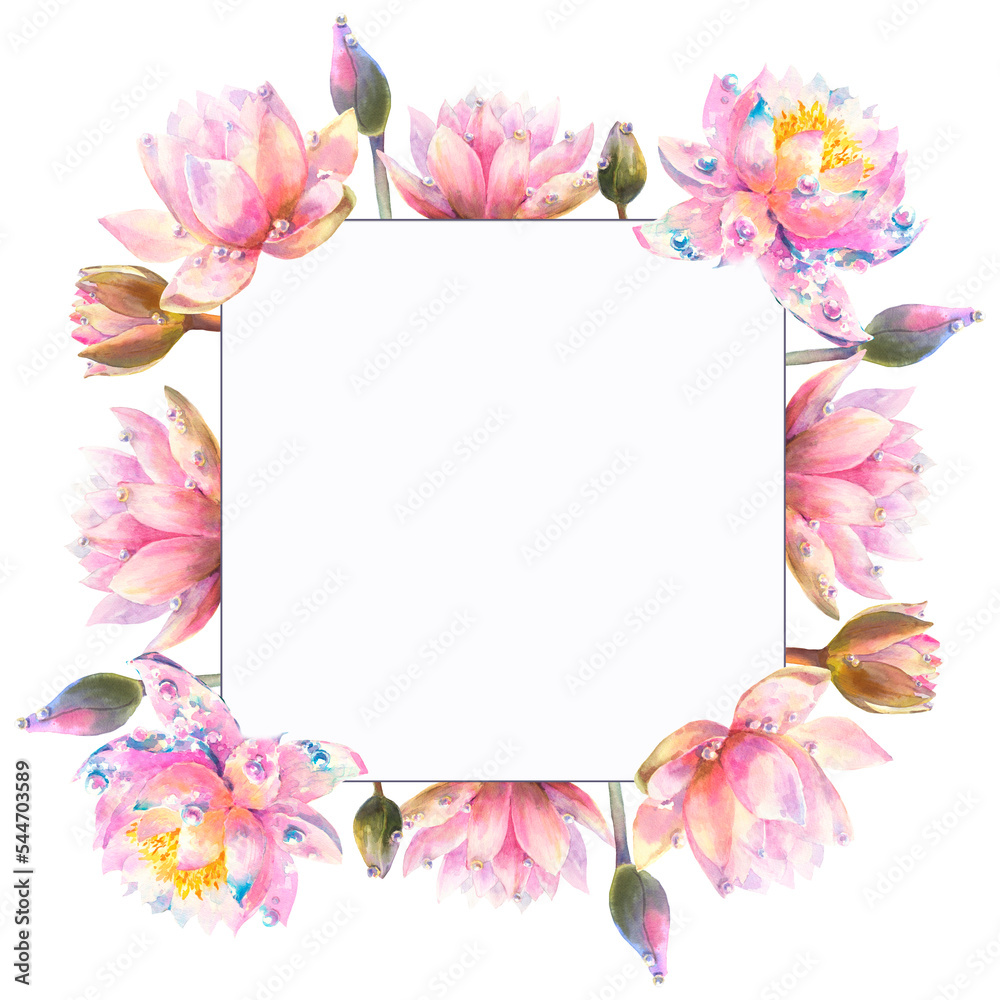 Greeting card with watercolor water lily flowers on a white background.