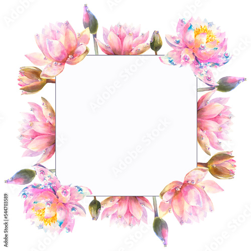 Greeting card with watercolor water lily flowers on a white background.