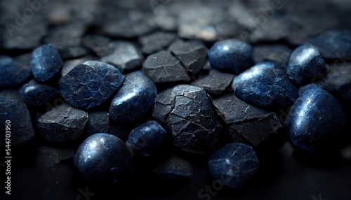 Close up blue pebbles and dark slate stone, rocks backgorund