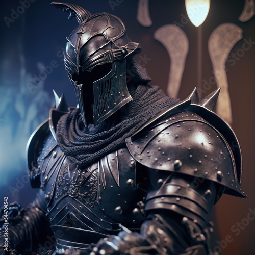 Fotografiet armored gothic fantasy knight in a dramatic pose, wearing an iron helmet in a dr