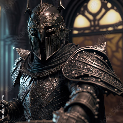 Fototapete armored gothic fantasy knight in a dramatic pose, wearing an iron helmet in a dr