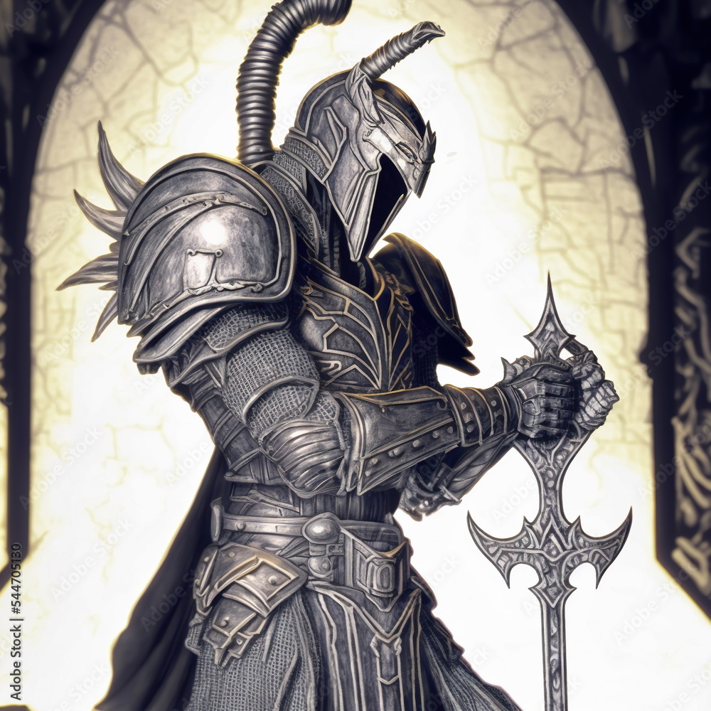 Obraz premium armored gothic fantasy knight in a dramatic pose, wearing an iron helmet in a dramatic location with studio lights 3D illustration