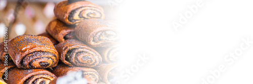 Banner Traditional polish poppy-seed cakes on food market copy space and space for text