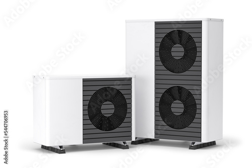 Photorealistic 3d render of a small and a large fictitious air source heat pump with vibration dampers. Isolated with semi-transparent shadows photo