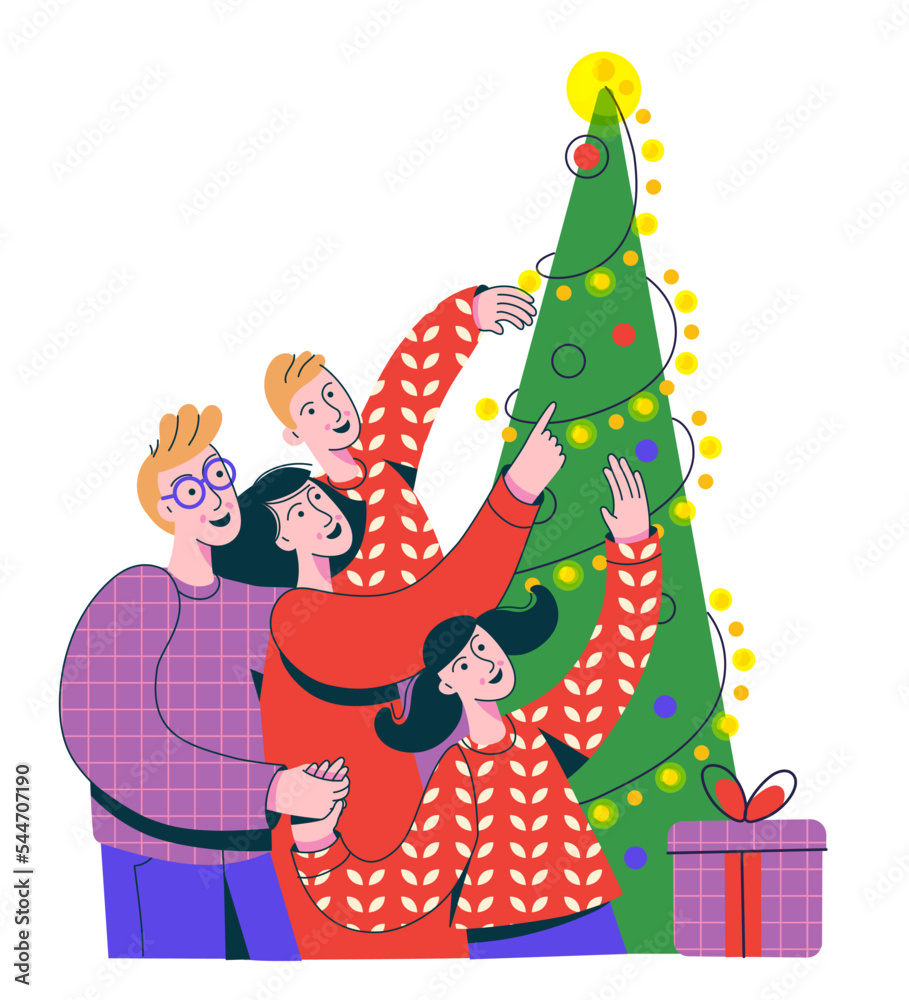 Naklejka premium Family elebrating winter holidays. Men, women and children decorating Christmas tree. Merry Christmas and Happy New Year. Vector illustration for greeting card, banner, poster.