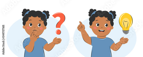 Child question. Kid girl ask question and found answe. Vector illustration