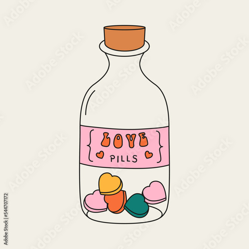 Glass bottle with heart shaped pills clipart for postcard, invitation, poster design. 14 of February groovy fun illustration. Saint valentine vitamins in funky 70s style