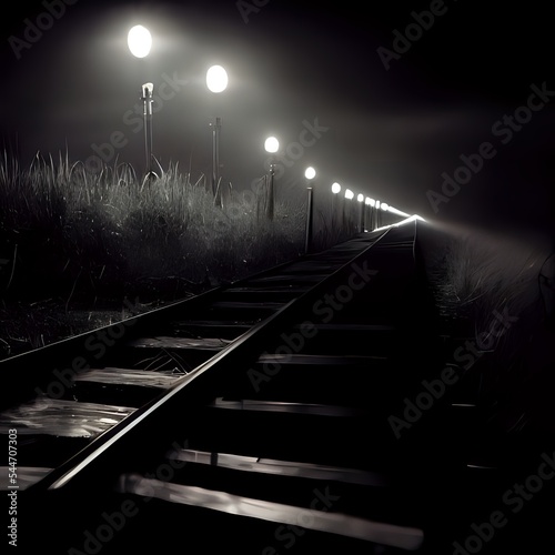 Picture of a railway with lights and at night