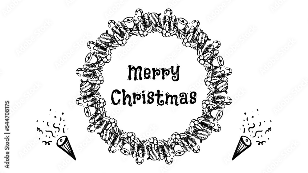 Christmas wreath hand drawn vector created with objects like bell, ball, cand ycane, leaf, confetti. merry christmas Christmas wreath hand drawn vector created with objects like bell, ball, cand ycane, leaf, confetti. merry christmas