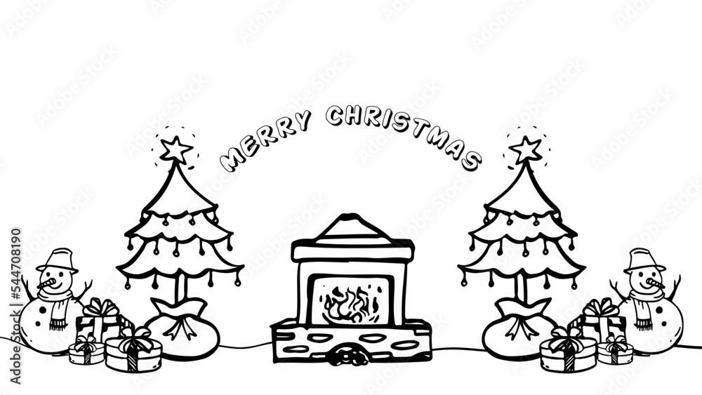 hand drawn christmas vector created with christmas tree, snowman, gifts, fireplace heater objects. merry christmas