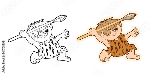 A set of funny stickers of a prehistoric primitive man, dynamic figures of a character in a cartoon style. Stickers, decals, characters for animation. Vector illustration