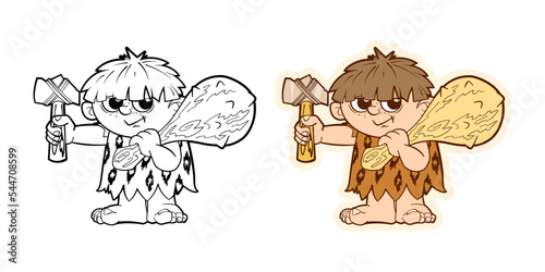 Coloring book primitive caveman with a club and a stone ax in his hands. Vector illustration in cartoon style for children on a white background