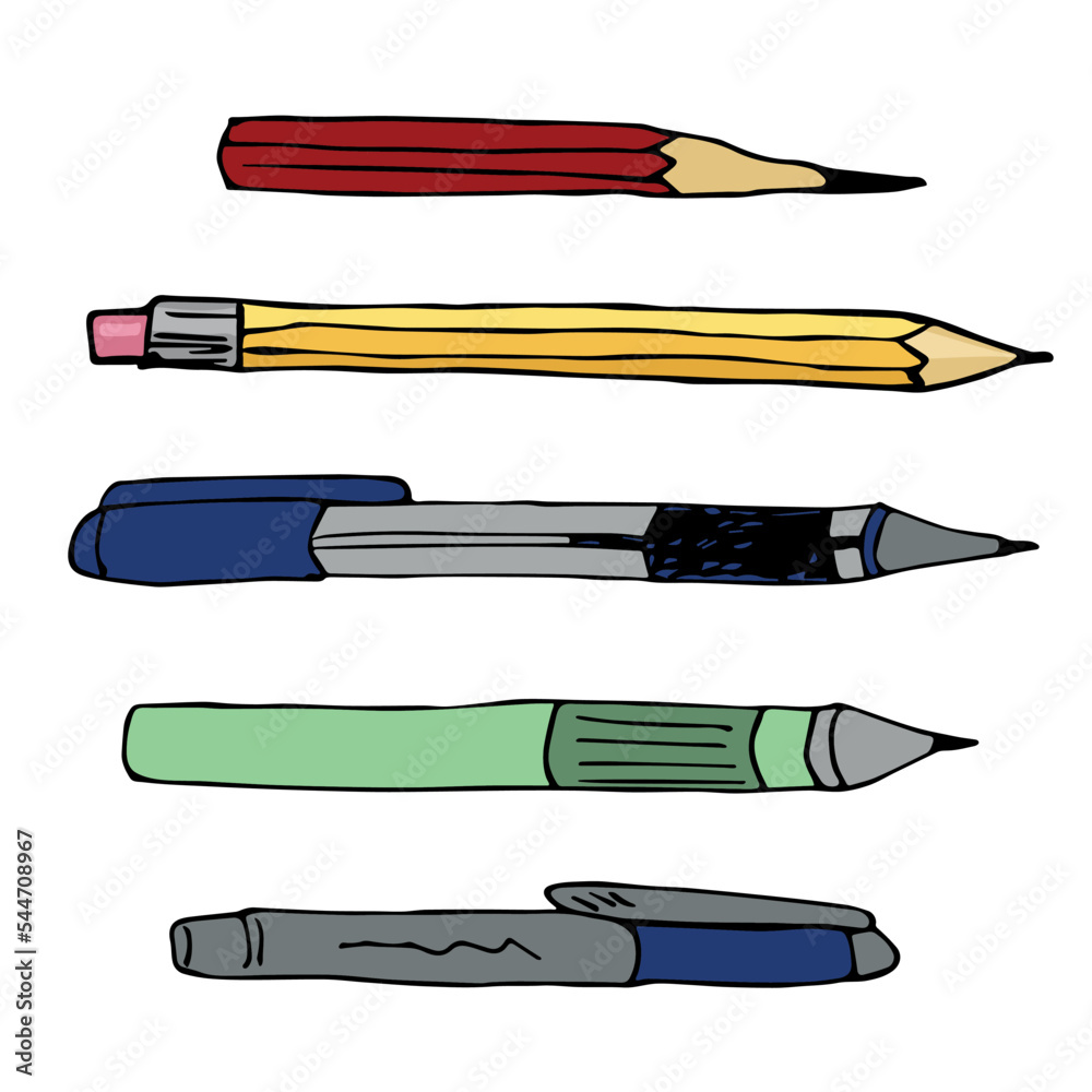 Vector pen and pencil clipart set. Hand drawn office supplies illustration Vector pen and pencil clipart set. Hand drawn office supplies illustration