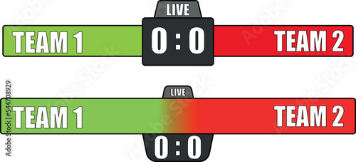 Scoreboard. Broadcast score banner with time and team points. Match information. Sports match statistics. Score board for team sport, football and soccer
