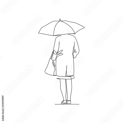 Vector illustration of woman with umbrella drawn in line-art style