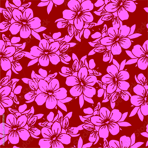 seamless pattern of pink silhouettes of flowers on a red background, texture, design