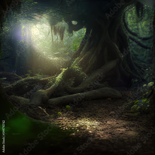 enchanted magical fantasy forest closeup shot 3D digital illustration, children friendly