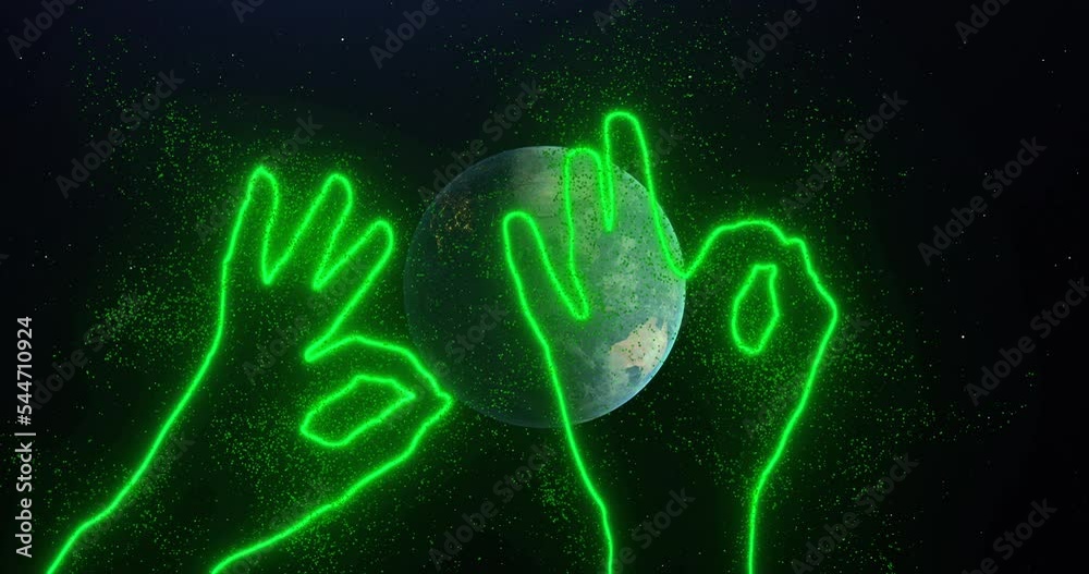 Two hands show okay sign in space among planet earth rotating, stars. Abstraction, 3d render, neon glowing lines and particles.
