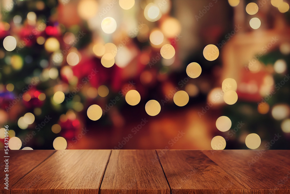 wooden table and Christmas lights in background wooden table and Christmas lights in background