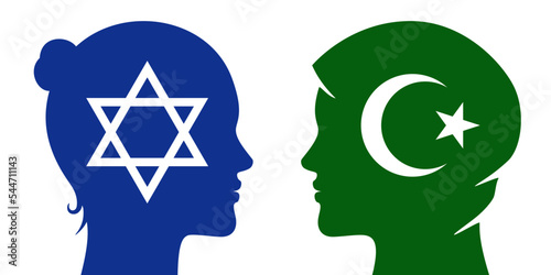 Jewish and muslim women relations concept vector illustration. Different religion female multicultural or religious discussion, dialogue, meeting, banner design.