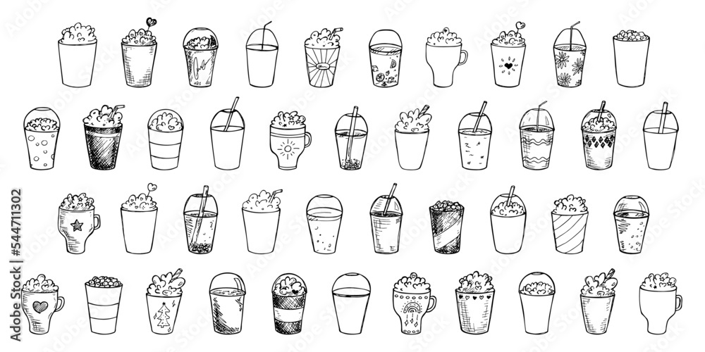 Cute cups of water, milkshake, juice and soda. Drink illustration. Simple cocktail clipart set