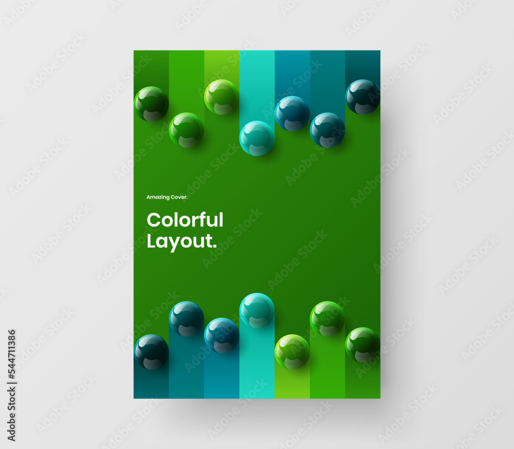 Isolated annual report design vector template. Colorful realistic balls brochure concept.