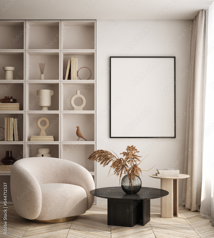 mock up poster frame in modern interior background, interior space, living room, Contemporary style, 3D render, 3D illustration - obrazy, fototapety, plakaty 