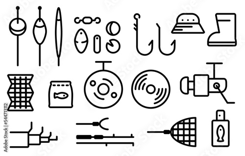 Vector icons set of tools for fishing. Internet shop illustration of float fishing equipment.