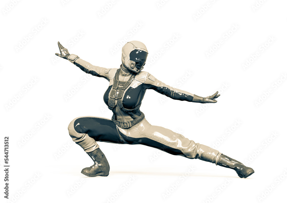 cosmonaut girl is doing a kung fu fighter pose on white background cosmonaut girl is doing a kung fu fighter pose on white background