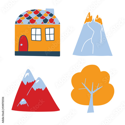 Vector set with cute colored houses, mountains and trees in doodle st