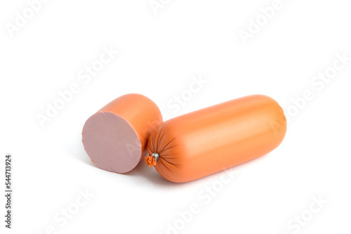a whole stick of boiled sausage with half cut off in an orange shell on a white background close-up